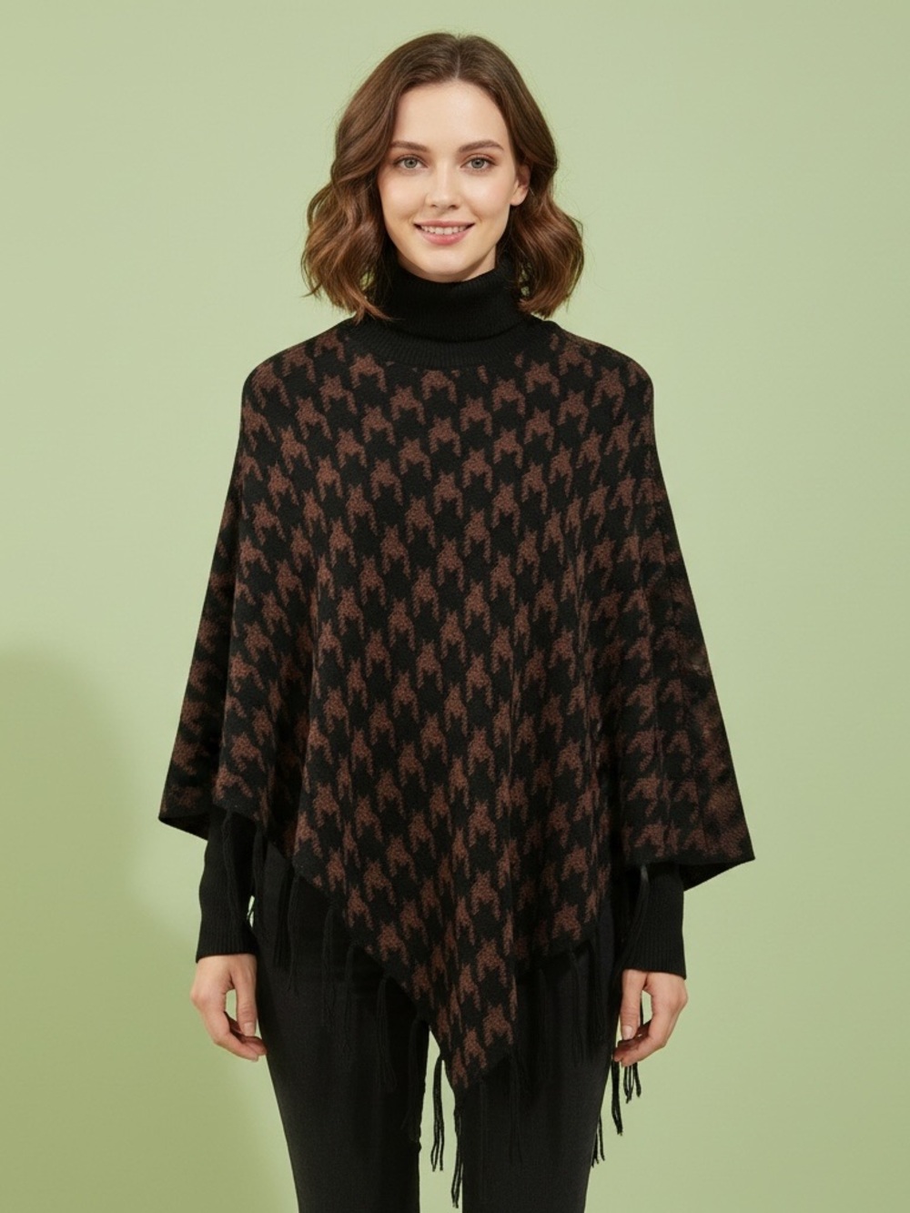 SHEIN Black and Brown Houndstooth Turtleneck Poncho Sweater